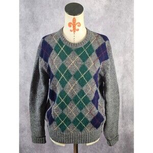 80s Hunt Run Sweater Fisherman 100% Shetland Wool Argyle Gray Knit Men M EUC